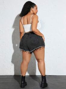 SHEIN CURVE+ 大碼破洞毛邊牛仔短褲 - 深灰色 - 查看 2