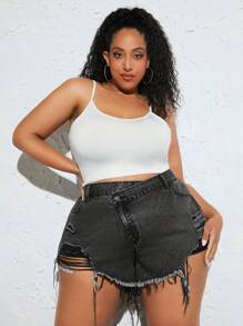 SHEIN CURVE+ 大碼破洞毛邊牛仔短褲 - 深灰色 - 查看 1