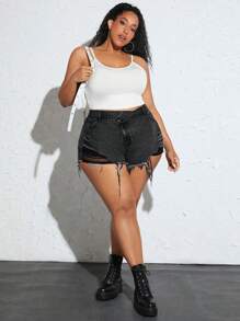 SHEIN CURVE+ 大碼破洞毛邊牛仔短褲 - 深灰色 - 查看 7