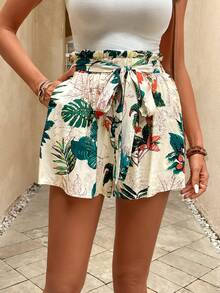 SHEIN VCAY 熱帶圖案紙袋腰附腰帶短褲 - 彩色 - 查看 6