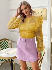 Simplee Solid Mock Neck Ruffle Trim Lace Blouse - Yellow - View 3