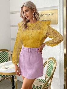 Simplee Solid Mock Neck Ruffle Trim Lace Blouse - Yellow - View 4