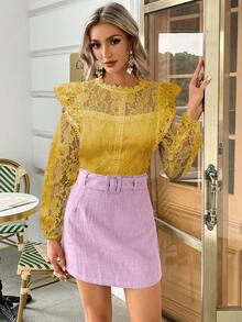 Simplee Solid Mock Neck Ruffle Trim Lace Blouse - Yellow - View 5