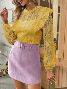 Simplee Solid Mock Neck Ruffle Trim Lace Blouse - Yellow - View 6