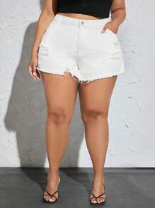 SHEIN CURVE+ 大碼破洞毛邊緣牛仔短褲 - 白色 - 查看 6