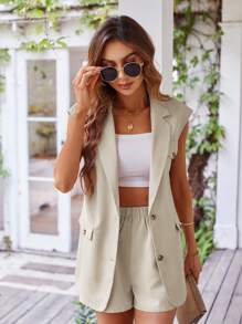 SHEIN Privé Lapel Neck Vest Blazer & Shorts - Apricot - View 4