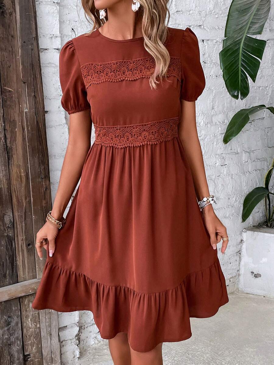 Breezaya Guipure Lace Insert Puff Sleeve Ruffle Hem Dress - Rust Brown - View 1