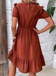 Breezaya Guipure Lace Insert Puff Sleeve Ruffle Hem Dress - Rust Brown - View 2