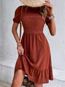 Breezaya Guipure Lace Insert Puff Sleeve Ruffle Hem Dress - Rust Brown - View 3