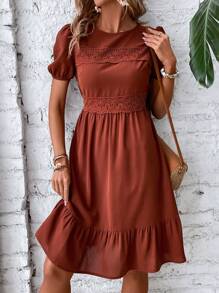 Breezaya Guipure Lace Insert Puff Sleeve Ruffle Hem Dress - Rust Brown - View 4
