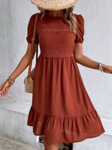 Breezaya Guipure Lace Insert Puff Sleeve Ruffle Hem Dress - Rust Brown - View 5