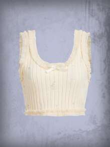 ROMWE Solid Ripped Frill Trim Knit Top - Apricot - View 1