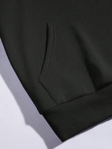 SHEIN EZwear 大码油画及标语图案抽绳保暖内衬卫衣 - 黑色 - 查看 3