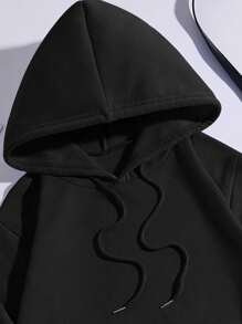 SHEIN EZwear 大码油画及标语图案抽绳保暖内衬卫衣 - 黑色 - 查看 4