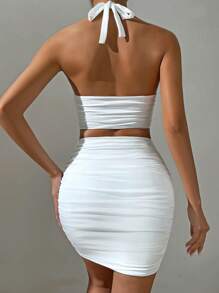 Chiquease Solid Halter Top & Ruched Bodycon Skirt - White - View 2