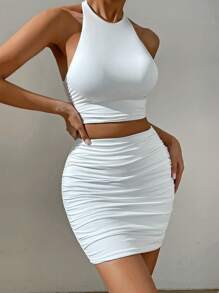 Chiquease Solid Halter Top & Ruched Bodycon Skirt - White - View 5