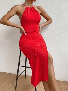 Zolique Solid Split Thigh Halter Dress Maxi Women Outfit - Red - View 6