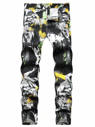 بنطلون جينز مستقيم قطن بطباعة بالفرشاة أهيف للرجال