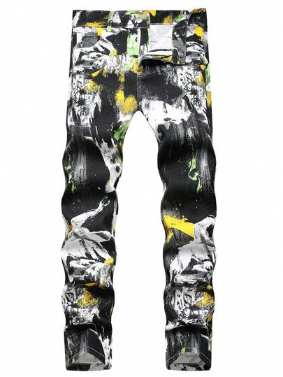 Uomo Jeans dritti cotone con stampa pennellate sottile