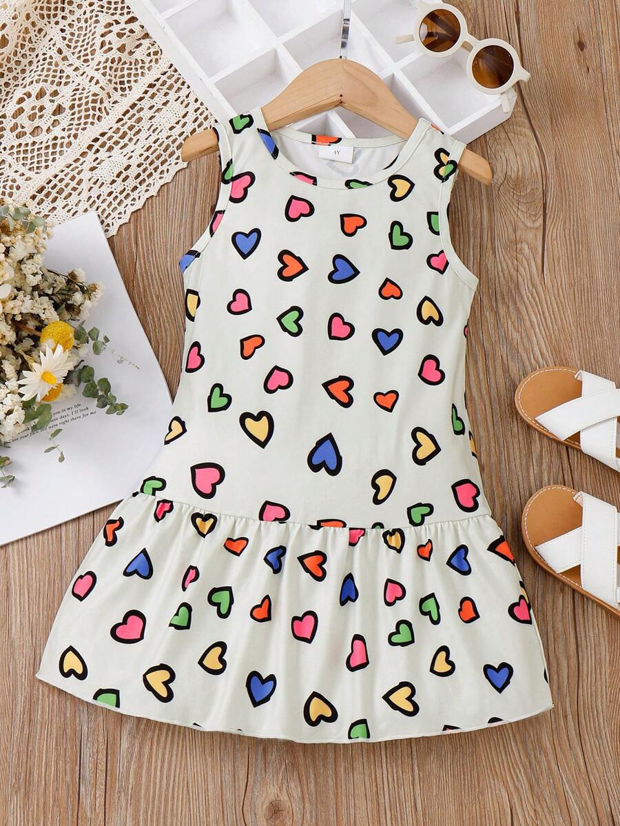 SHEIN 小女童愛心圖案荷葉邊洋裝 - 白色 - 查看 1