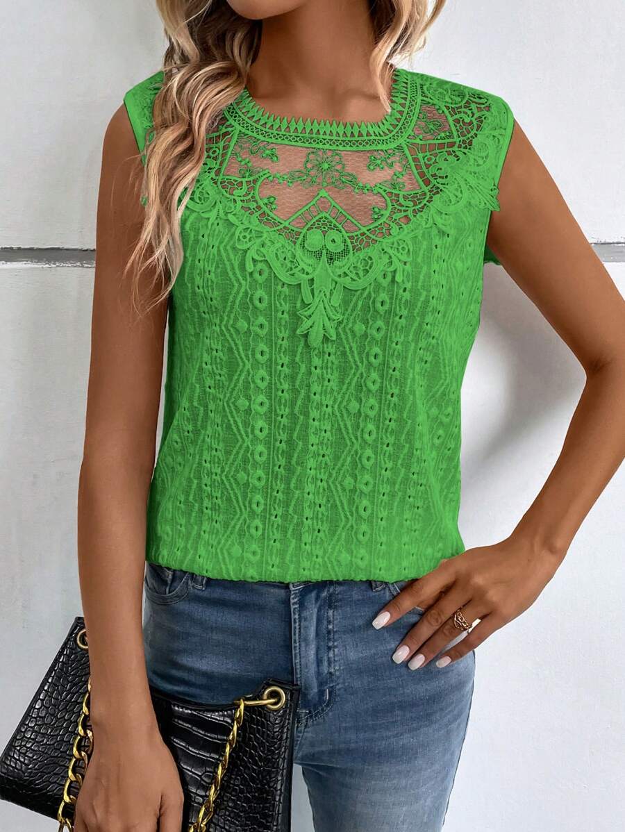 SHEIN VCAY Top tank con bordado con ojal con encaje en contraste - Verde - Ver 1