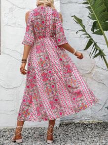 SHEIN VCAY Allover Print Cold Shoulder Split Thigh Dress - Multicolor - View 2