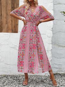 SHEIN VCAY Allover Print Cold Shoulder Split Thigh Dress - Multicolor - View 3