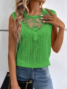 SHEIN VCAY Top tank con bordado con ojal con encaje en contraste - Verde - Ver 4