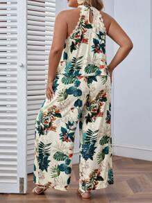 SHEIN VCAY Plus Size Boho Tropical Print Halter Top & Wide Leg Pants, For Summer - Multicolor - View 2