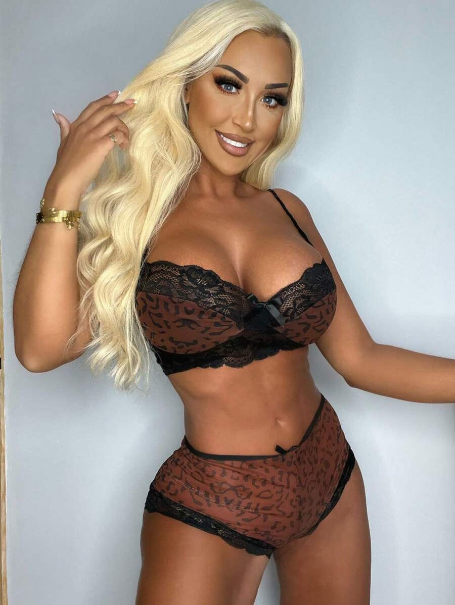 Set de lencería de leopardo con encaje en contraste - Marrón - Ver 1