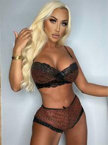 Set de lencería de leopardo con encaje en contraste - Marrón - Ver 4