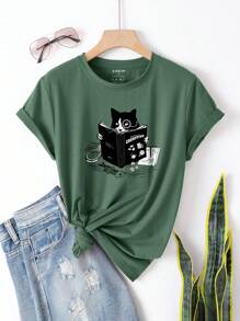 SHEIN LUNE Book And Cat Print Tee - Dark Green - View 1