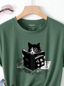 SHEIN LUNE Book And Cat Print Tee - Dark Green - View 5