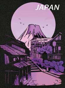 SHEIN EZwear 山和字母圖案抽繩加絨內裏連帽衫 - 黑色 - 查看 5