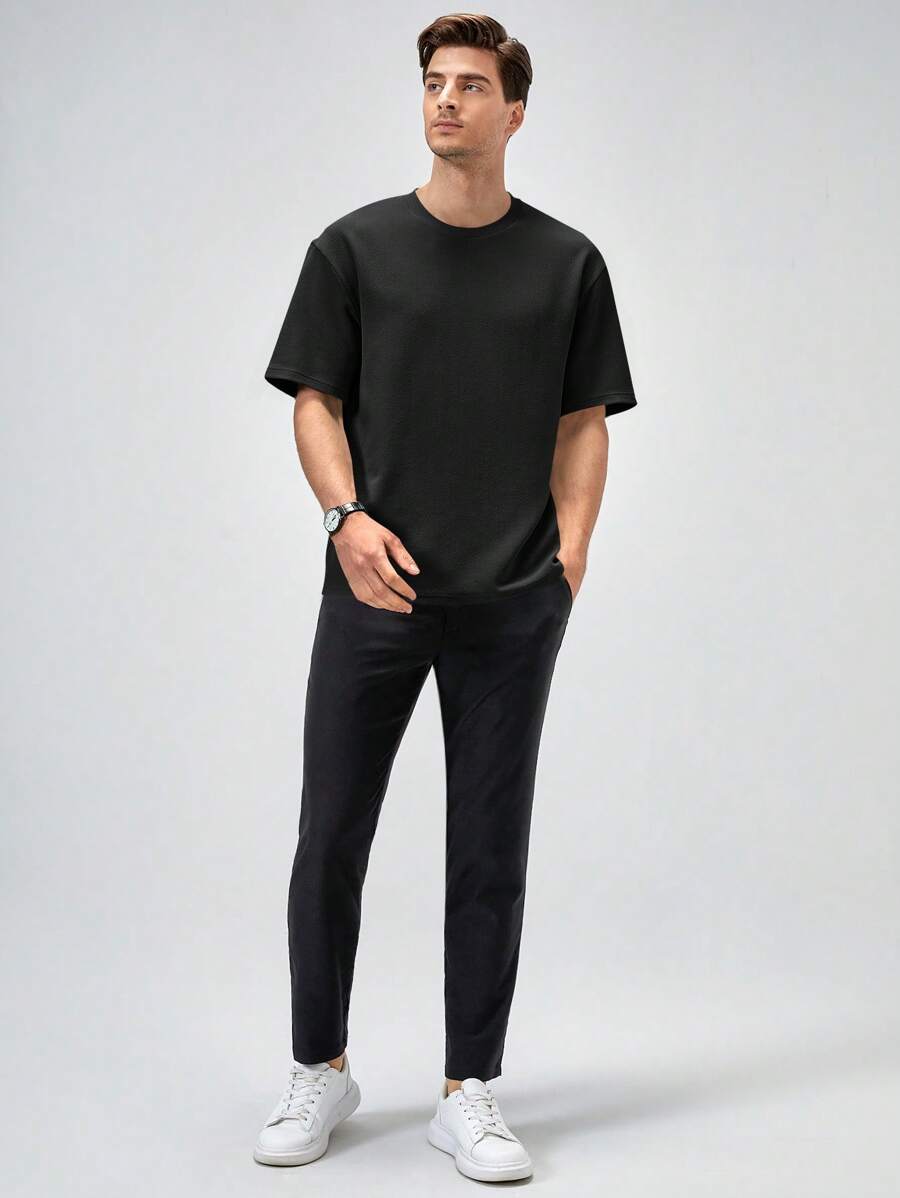 Manfinity NiteLyfe Áo thun nam trơn đơn giản đa năng thả vai - màu đen - Xem 1
