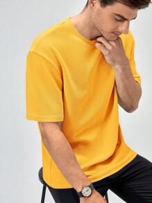GENTILAND Áo thun nam tay ngắn dáng rộng màu trơn hở vai đơn giản - Màu Mù tạt vàng - Xem 6