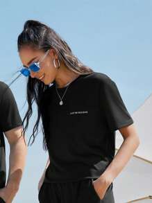 SWAVVY 1pc Letter Graphic Tee & 1pc Shorts - Black - View 3