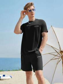 SWAVVY 1pc Letter Graphic Tee & 1pc Shorts - Black - View 6