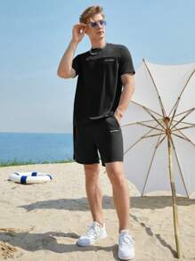 SWAVVY 1pc Letter Graphic Tee & 1pc Shorts - Black - View 7