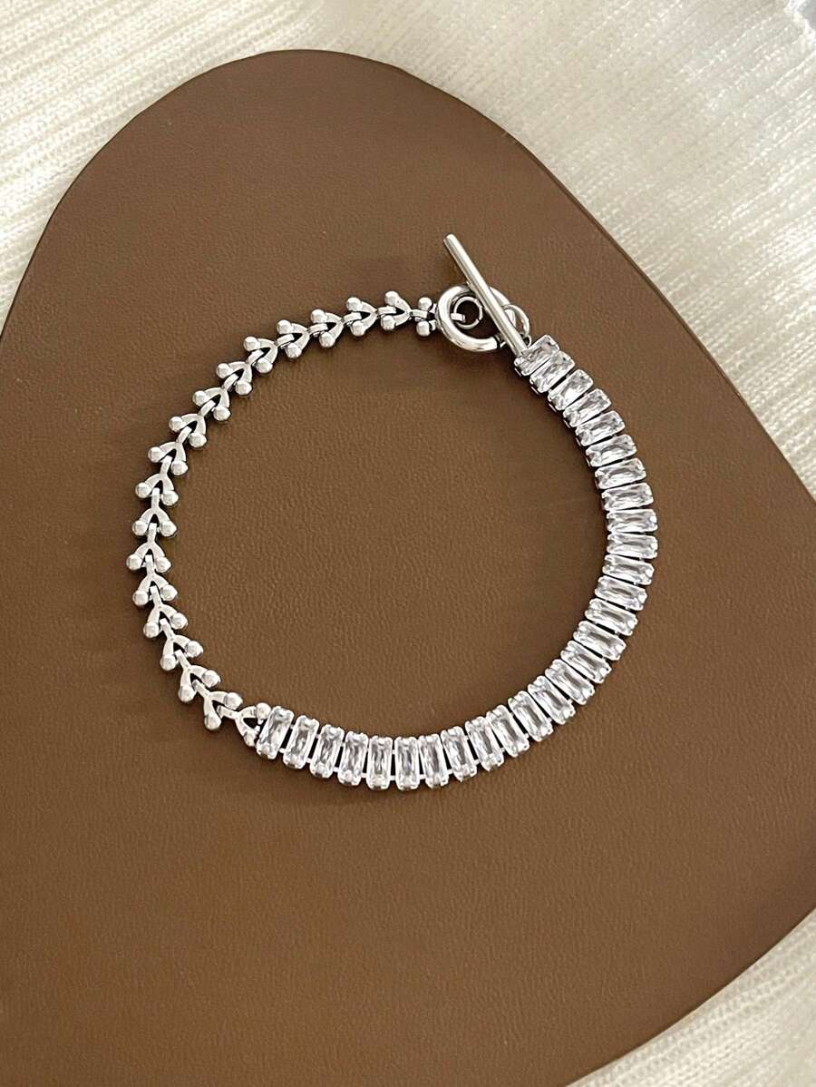 1入組奢華不銹鋼方晶鋯石裝飾手鏈適合女士適用於日常 - 銀色 - 查看 1