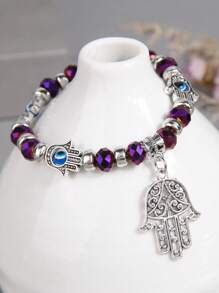 Eye Detail Hamsa Hand Charm Beaded Bracelet - Purple - View 3