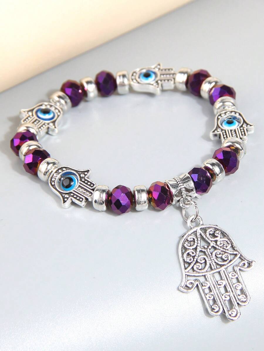 Eye Detail Hamsa Hand Charm Beaded Bracelet - Purple - View 1