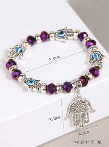 Eye Detail Hamsa Hand Charm Beaded Bracelet - Purple - View 5