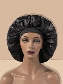 1pc Pink Elastic Satin Chemotherapy Cap, Sleeping Cap, Shower Cap, Hair Care Cap - Black - View 1