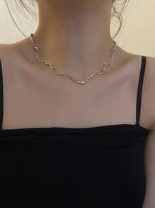 1 件时尚锌合金水钻装饰不对称链条颈链，适合女士日常生活 - 銀色 - 查看 1