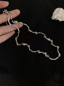 1 件时尚锌合金水钻装饰不对称链条颈链，适合女士日常生活 - 銀色 - 查看 2