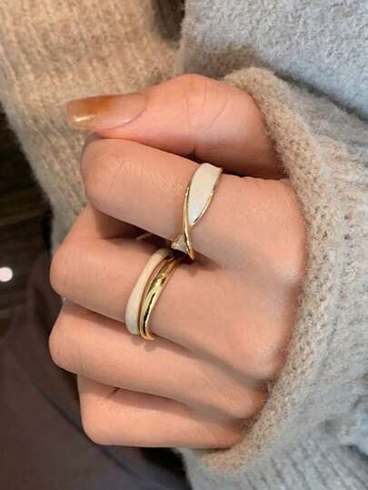 2pcs Set Luxury Copper Plated Gold Cross Double Layer Glazed Open Ring, Couple/Best Friends Gifts, Daily Wear