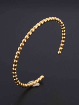 1pc Fashion Stainless Steel Bead Detail Textured Cuff Bangle For Women For Daily Life