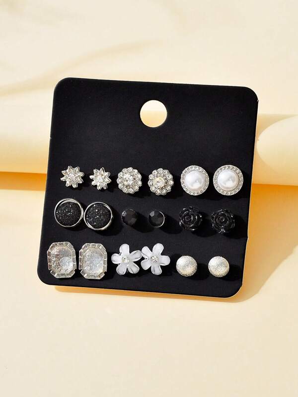 9pairs/Set Rhinestone & Faux Pearl Decor Stud Earrings