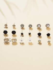 9pairs/Set Rhinestone & Faux Pearl Decor Stud Earrings - Silver - View 3